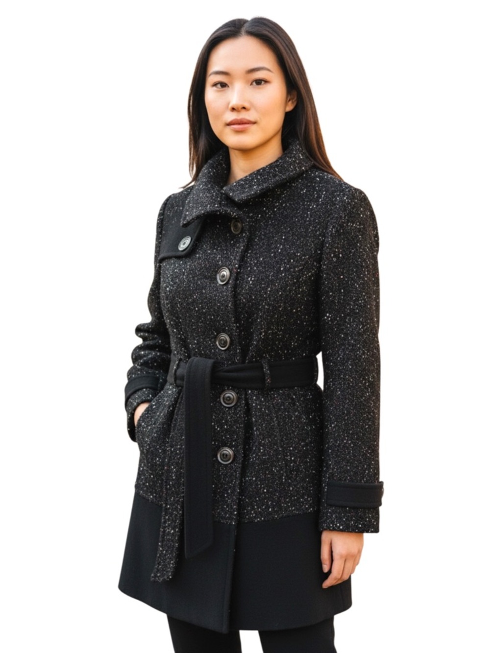 Black Rivet Black/White Tweed Wool Blend Double Breast Belted Coat (S)